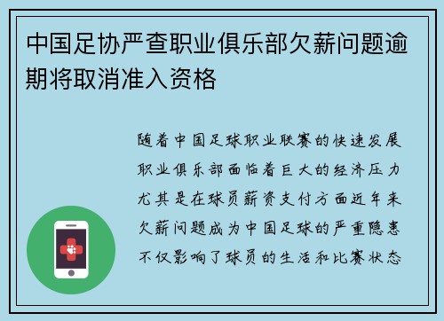 中国足协严查职业俱乐部欠薪问题逾期将取消准入资格