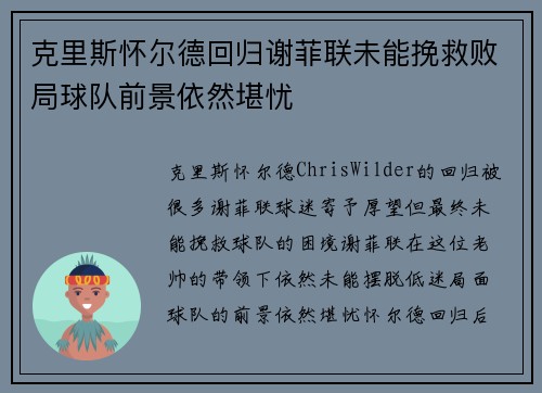 克里斯怀尔德回归谢菲联未能挽救败局球队前景依然堪忧