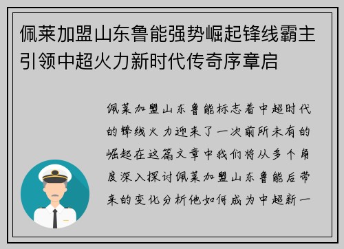佩莱加盟山东鲁能强势崛起锋线霸主引领中超火力新时代传奇序章启